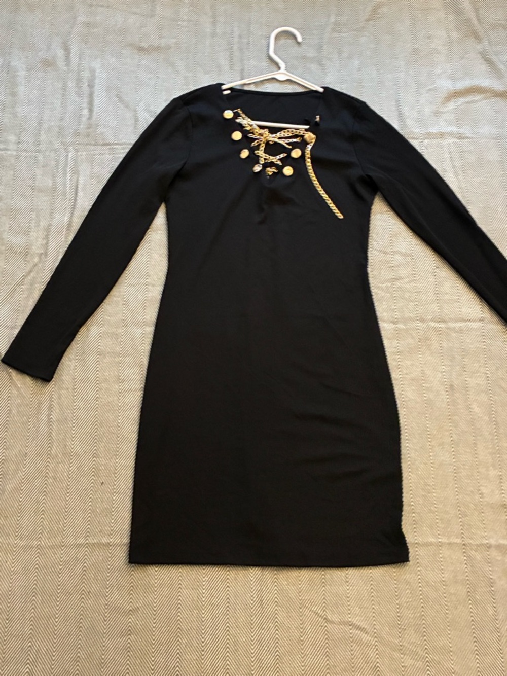 Black Long-Sleeve Sheath Dress with Gold Accent